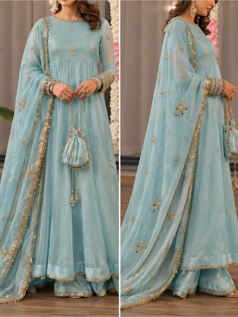 Elegant Powder Blue Embroidered Women’s Anarkali Dress